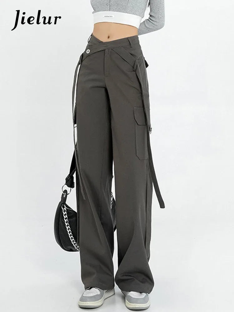 Jielur Grey Sexy Straight Vintage Women Jeans Solid Color Streetwear Chic Button High Waist Fashion Female Denim Wide Leg Pants